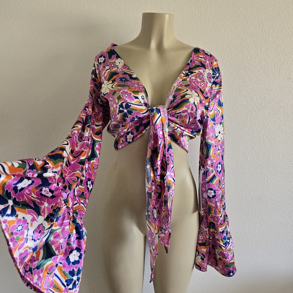 Floral Tie-Front Bell Sleeve Top